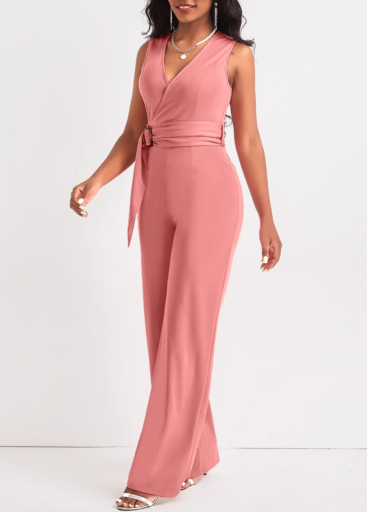 Tie Belted Dusty Pink Long V Neck Jumpsuit 5 Tie Belted Dusty Pink Long V Neck Jumpsuit - Image 3