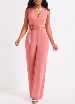 Tie Belted Dusty Pink Long V Neck Jumpsuit 11 Tie Belted Dusty Pink Long V Neck Jumpsuit -Rosewe Promotion Store 320739 P 16752510635703