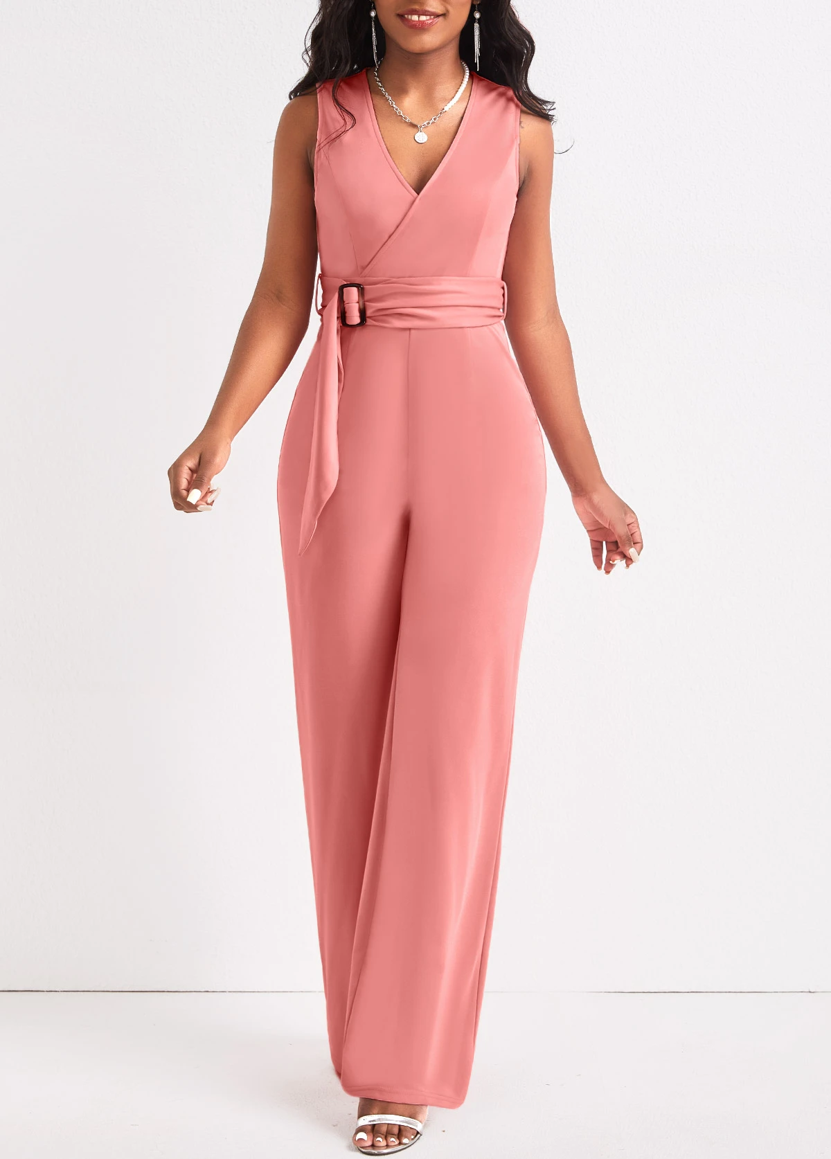 Tie Belted Dusty Pink Long V Neck Jumpsuit 6 Tie Belted Dusty Pink Long V Neck Jumpsuit - Image 4