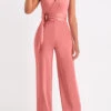 Tie Belted Dusty Pink Long V Neck Jumpsuit -Rosewe Promotion Store 320739 P 16752510636920