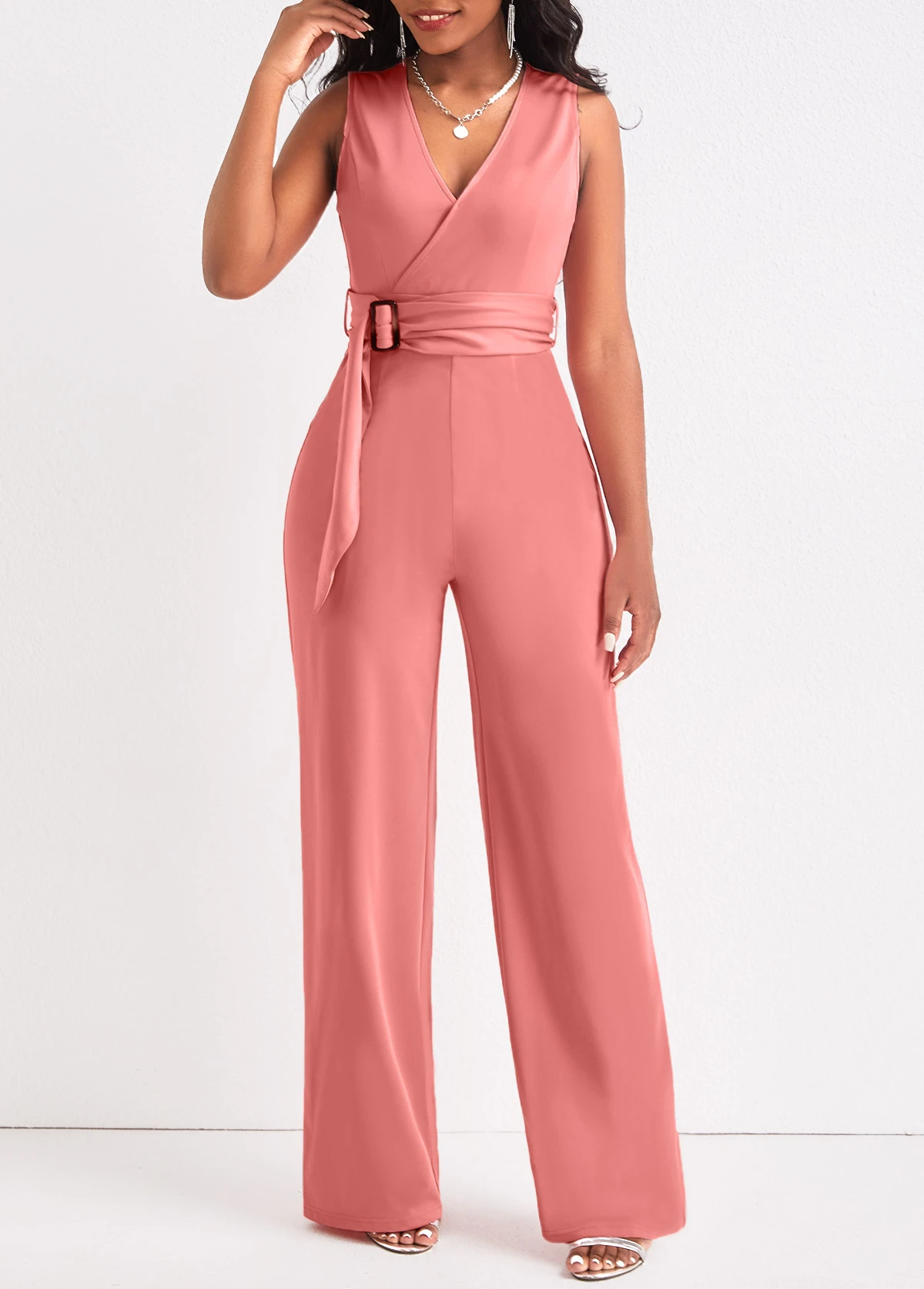 Tie Belted Dusty Pink Long V Neck Jumpsuit 3 Tie Belted Dusty Pink Long V Neck Jumpsuit
