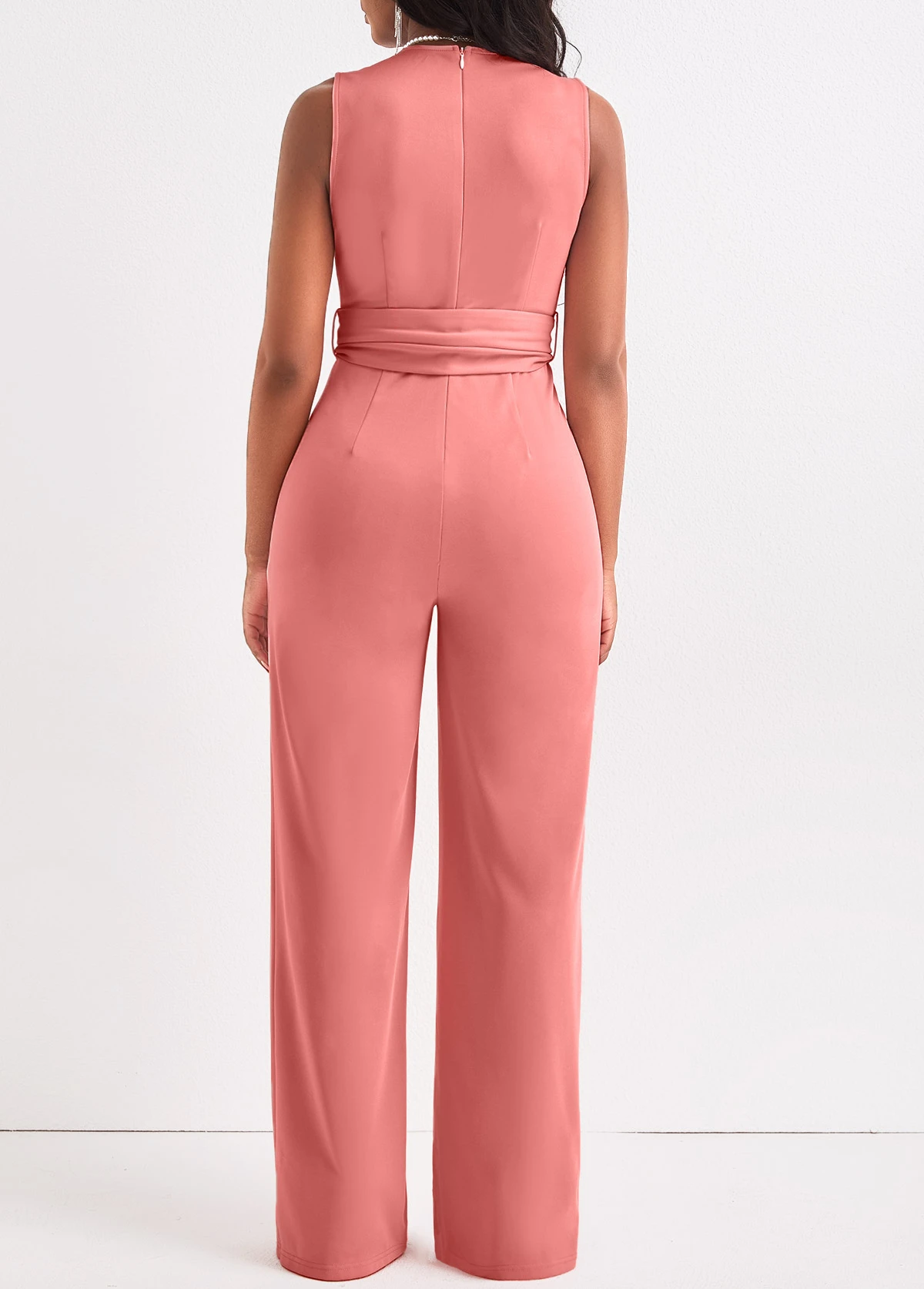 Tie Belted Dusty Pink Long V Neck Jumpsuit 4 Tie Belted Dusty Pink Long V Neck Jumpsuit - Image 2