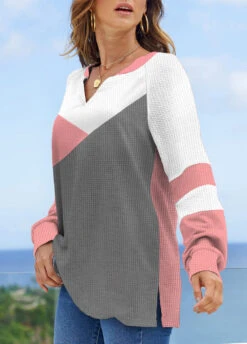 Patchwork V Neck Long Sleeve Pink Sweatshirt -Rosewe Promotion Store 320769 P 1671079725184