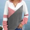 Patchwork V Neck Long Sleeve Pink Sweatshirt -Rosewe Promotion Store 320769 P 1671079725680