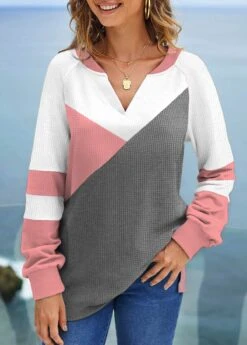 Patchwork V Neck Long Sleeve Pink Sweatshirt
