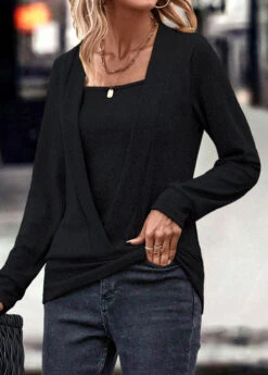 Fake 2in1 Square Neck Long Sleeve Black Sweatshirt -Rosewe Promotion Store 320805 P 16716025254823