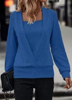 Dark Blue Fake 2in1 Square Neck Sweatshirt -Rosewe Promotion Store 320807 P 16708121726363