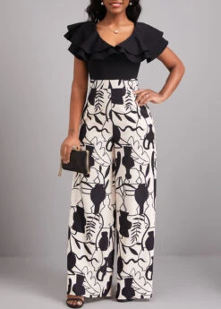 Leaf Print Ruffle Black V Neck Jumpsuit