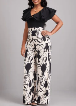 Leaf Print Ruffle Black V Neck Jumpsuit -Rosewe Promotion Store 320879 P 16733502959004