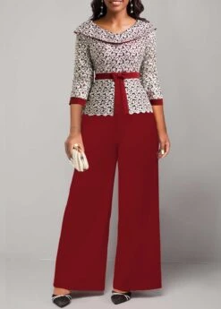 Wine Red Ankle Length Embroidery V Neck Jumpsuit