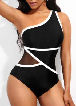 Contrast Binding Black Asymmetric One Piece Swimwear
