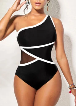 Contrast Binding Black Asymmetric One Piece Swimwear -Rosewe Promotion Store 321008 P 1672737226655