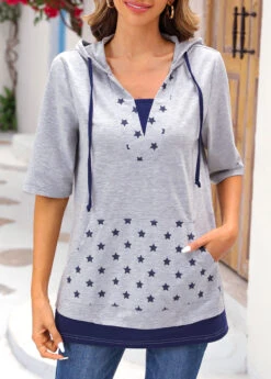 Star Print Pocket Light Grey Marl Hoodie