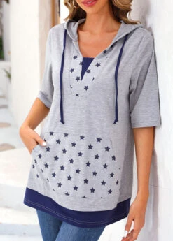 Star Print Pocket Light Grey Marl Hoodie -Rosewe Promotion Store 321221 P 16733505236762