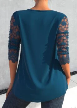 Layered Blue Lace Stitching Long Sleeve Blouse -Rosewe Promotion Store 321463 P 1670301631751