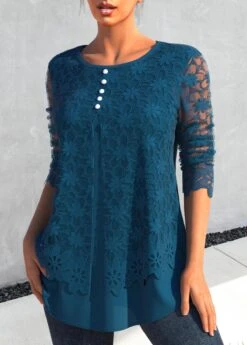 Layered Blue Lace Stitching Long Sleeve Blouse -Rosewe Promotion Store 321463 P 1670301631800