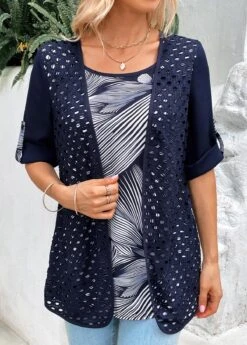 Leaf Print Fake 2in1 Navy Round Neck Blouse