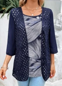 Leaf Print Fake 2in1 Navy Round Neck Blouse -Rosewe Promotion Store 321486 P 16832534160242