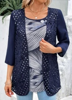 Leaf Print Fake 2in1 Navy Round Neck Blouse -Rosewe Promotion Store 321486 P 16832534161453