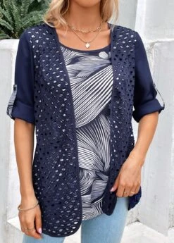 Leaf Print Fake 2in1 Navy Round Neck Blouse -Rosewe Promotion Store 321486 P 16832534166174