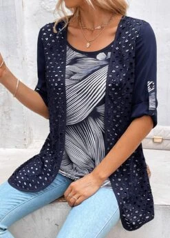 Leaf Print Fake 2in1 Navy Round Neck Blouse -Rosewe Promotion Store 321486 P 16832534169915