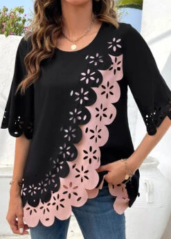 Patchwork Black Round Neck Hollow Half Sleeve Blouse -Rosewe Promotion Store 321490 P 16785342863823