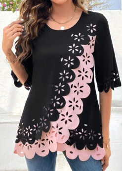 Patchwork Black Round Neck Hollow Half Sleeve Blouse -Rosewe Promotion Store 321490 P 16785342866944