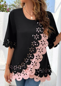 Patchwork Black Round Neck Hollow Half Sleeve Blouse
