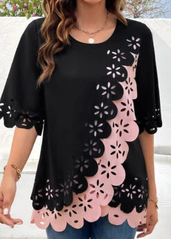 Patchwork Black Round Neck Hollow Half Sleeve Blouse -Rosewe Promotion Store 321490 P 16785342870965