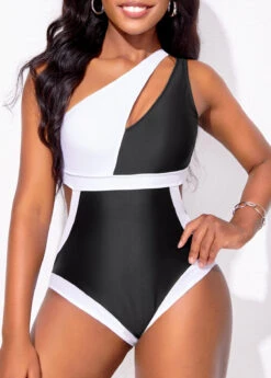 Black Contrast High Stretch Cutout One Piece Swimwear -Rosewe Promotion Store 321735 P 16709808590396
