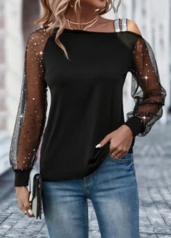 Black Asymmetrical Neck Cold Shoulder T Shirt