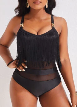 Tassel Mesh Black One Piece Swimwear