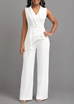 Sleeveless Lace White Long Turn Down Collar Jumpsuit