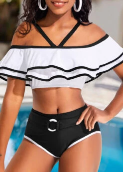 Mid Waisted Contrast Binding White Bikini Set