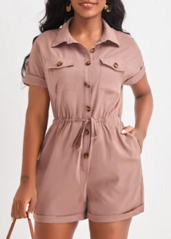 Light Camel Shirt Collar Button Romper