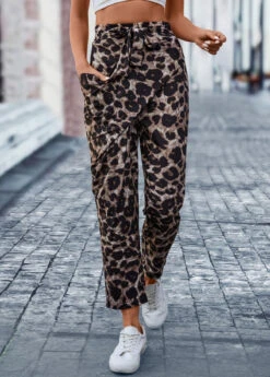 Leopard Pocket Dark Coffee Belted Elastic Waist Pants -Rosewe Promotion Store 322218 P 16732328272024