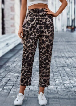 Leopard Pocket Dark Coffee Belted Elastic Waist Pants -Rosewe Promotion Store 322218 P 16732328272613