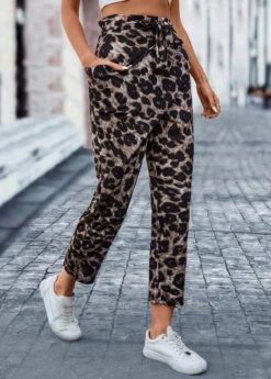 Leopard Pocket Dark Coffee Belted Elastic Waist Pants -Rosewe Promotion Store 322218 P 16732328277632