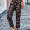 Leopard Pocket Dark Coffee Belted Elastic Waist Pants
