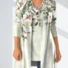 Floral Print Draped Neck Sage Green Cardigan And Tank Top