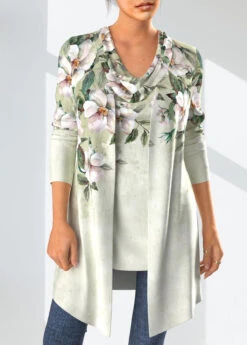 Floral Print Draped Neck Sage Green Cardigan And Tank Top