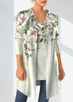 Floral Print Draped Neck Sage Green Cardigan And Tank Top -Rosewe Promotion Store 322358 P 1671600017642
