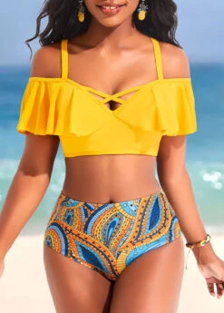 Mid Waisted Paisley Print Ruffle Yellow Bikini Set -Rosewe Promotion Store 322434 P 16735758721173