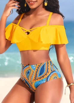Mid Waisted Paisley Print Ruffle Yellow Bikini Set -Rosewe Promotion Store 322434 P 16735758722664