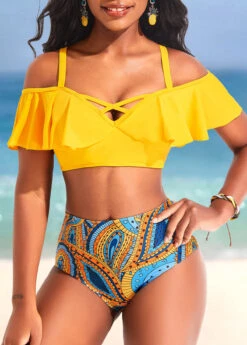 Mid Waisted Paisley Print Ruffle Yellow Bikini Set