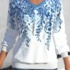 Light Blue V Neck Leaf Print Sweatshirt -Rosewe Promotion Store 322506 P 1671502194894