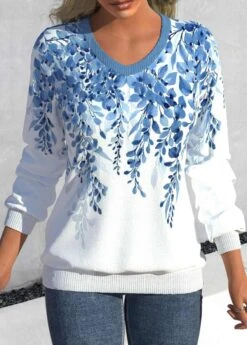 Light Blue V Neck Leaf Print Sweatshirt