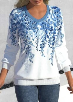 Light Blue V Neck Leaf Print Sweatshirt -Rosewe Promotion Store 322506 P 1671502195614