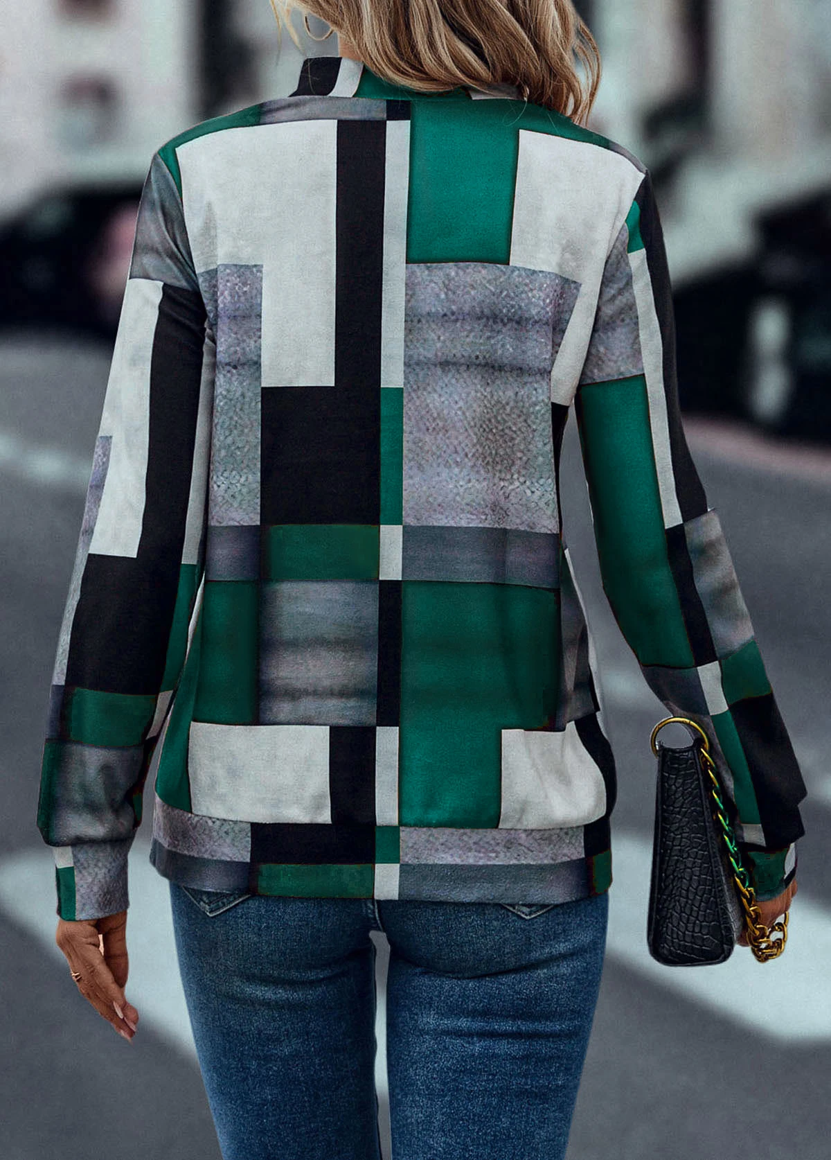 Geometric Print Zipper Turquoise Turn Down Collar Sweatshirt 4 Geometric Print Zipper Turquoise Turn Down Collar Sweatshirt - Image 2