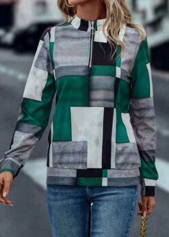 Geometric Print Zipper Turquoise Turn Down Collar Sweatshirt 9 Geometric Print Zipper Turquoise Turn Down Collar Sweatshirt -Rosewe Promotion Store 322515 P 16729206957063